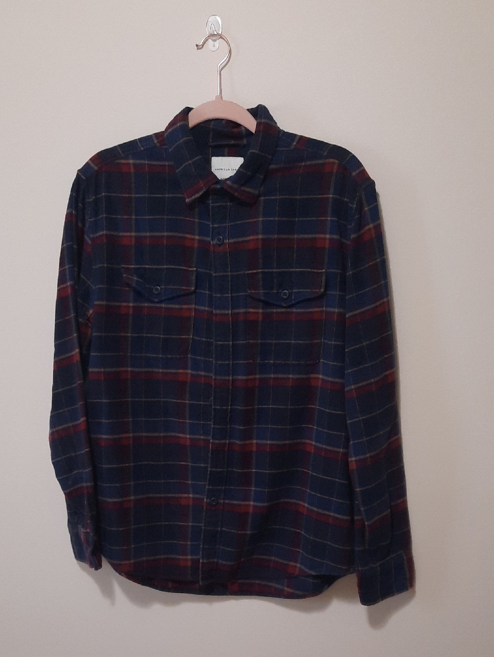 American Eagle Outfitters Navy and Red Plaid Long-Sleeve Button-Down